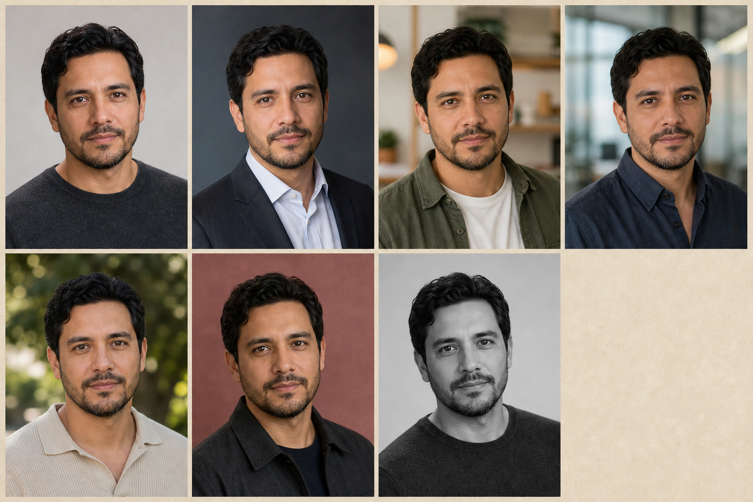 The same fictional person shown across seven FaceFave profile photo styles
